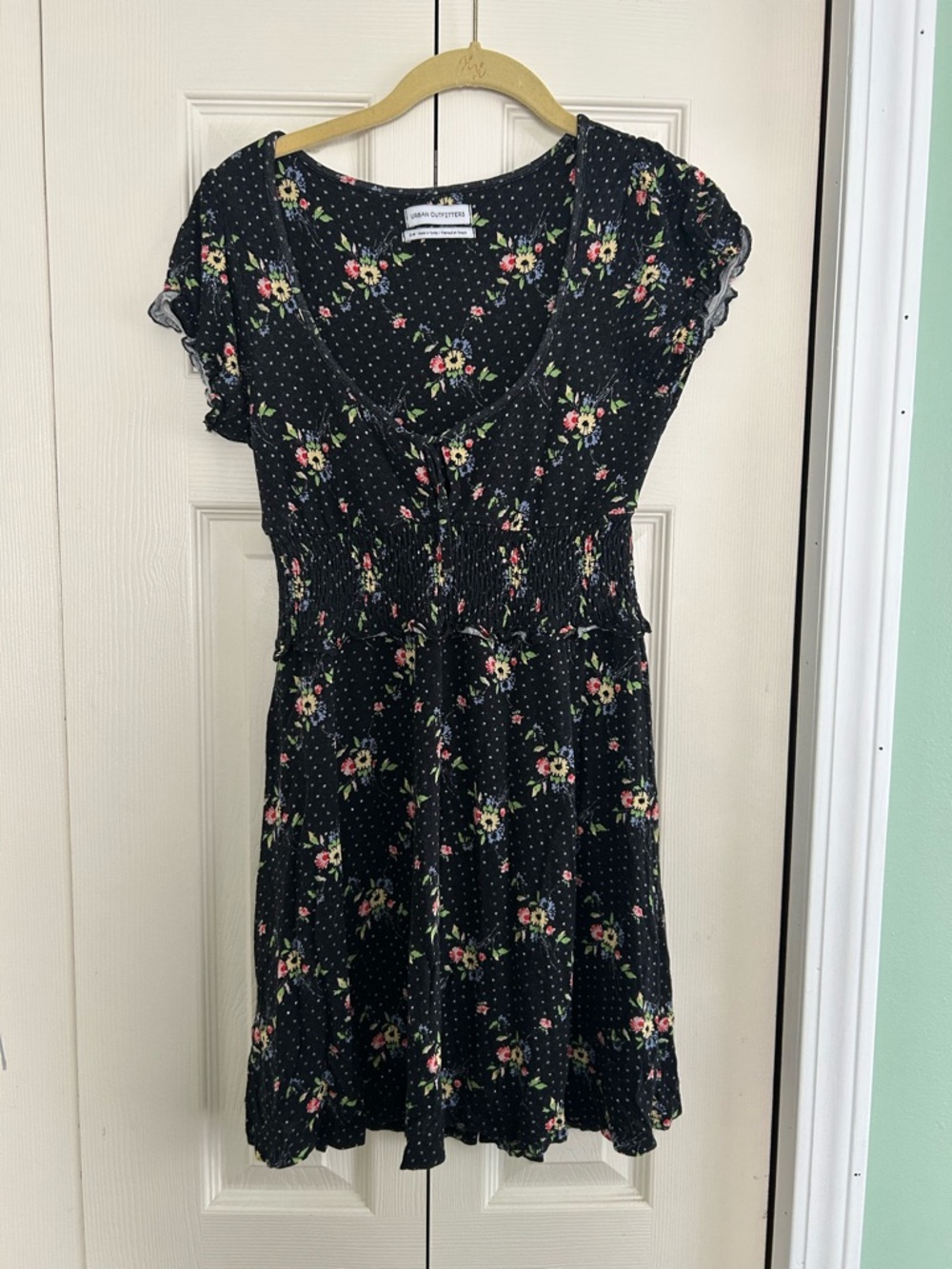 Urban Outfitters Black Floral Smocked Dress with Pink & Green Accents